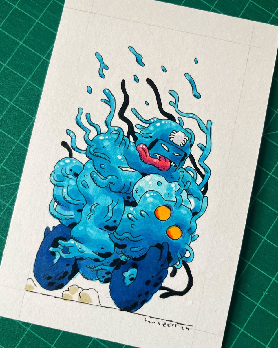 A picture of a drawing of Venom riding a motorcyle that's also made out of blue sludge