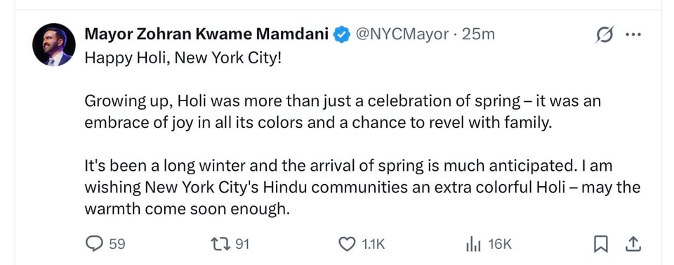 Mamdani wishes everyone well in his diverse city