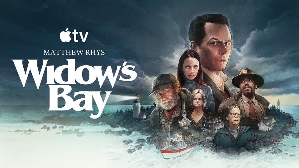 Promotional image of Apple TV's show Widow's Bay. Matthew Rhys is prominently featured, both his name and his face.