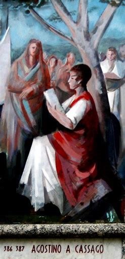 Augustine sits under a tree reading a book while people look on from behind