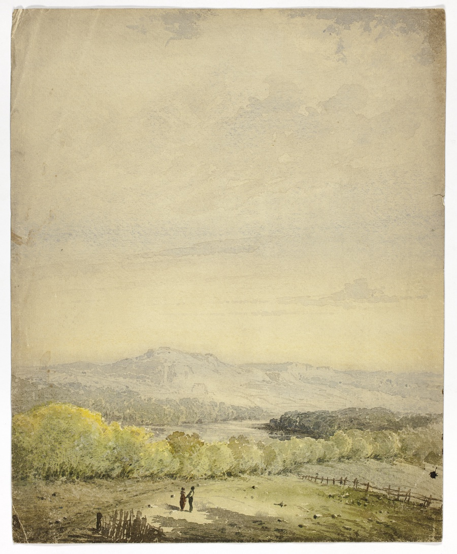 A painting of a pasture lined with a row of trees and a distant mountain in the background. There are two small figures holding hands in the pasture under a big, open sky.