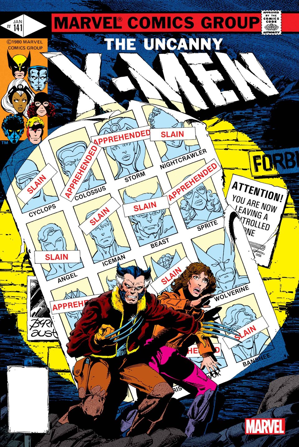 the cover for X-men #141, showing an older wolverine and kate pryde standing in a spotlight against a wall, on which we see a poster of many slain X-Men and mutants