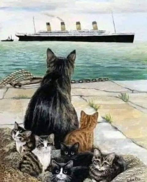 An artist’s depiction of Jenny and her kittens abandoning the Titanic.