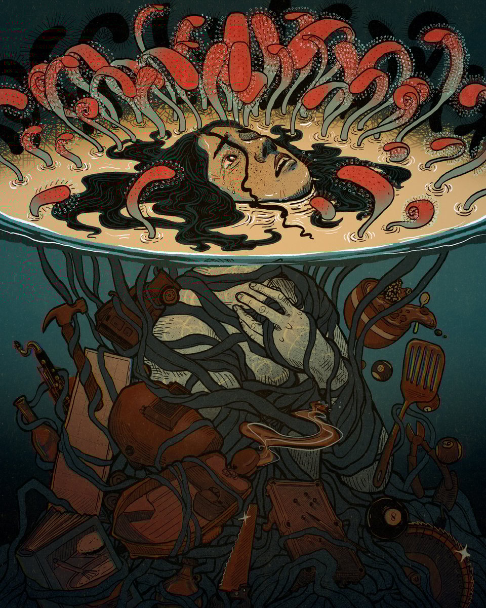 A woman struggles to keep her head above water as she in ensnared by various objects: a boat, a hammer, a helmet, etc. Sundew stalks surround her head.