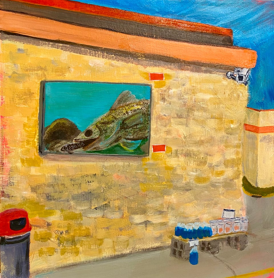 a painted image of the side of a gas station with a large sign with fish on it