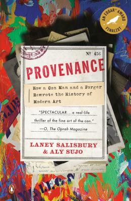 The cover of the book Provenance, about art forgers, documents atop an impresionistic multi-colored painting.