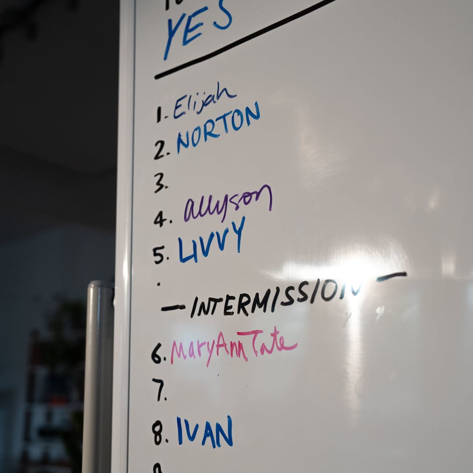 A whiteboard filling up with names.