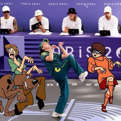 Photo of Raygun the breaker at the Olympics. She is doing the T-Rex pose. Illustrations of Scooby-doo characters in sneaking poses are next to her.