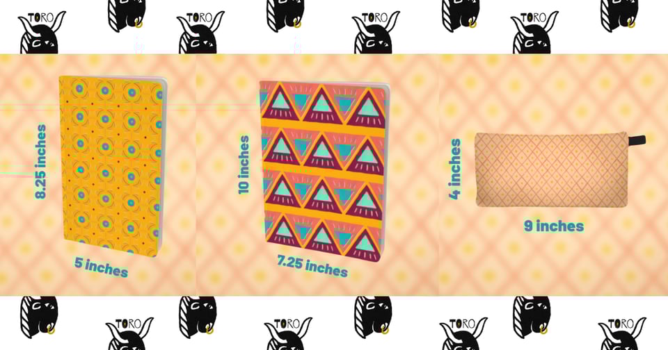 A small yellow notebook with a turquoise multi-color circle geometric repeating design, a large notebook with a fuchsia, salmon, yellow, and turquoise triangle repeating design, and a peach pencil case with a small repeating salmon diamond design with a yellow dot in the center of each diamond, on a blurred background. Measurements for each are listed. Image is set atop a repeating pattern of the TORO logo.