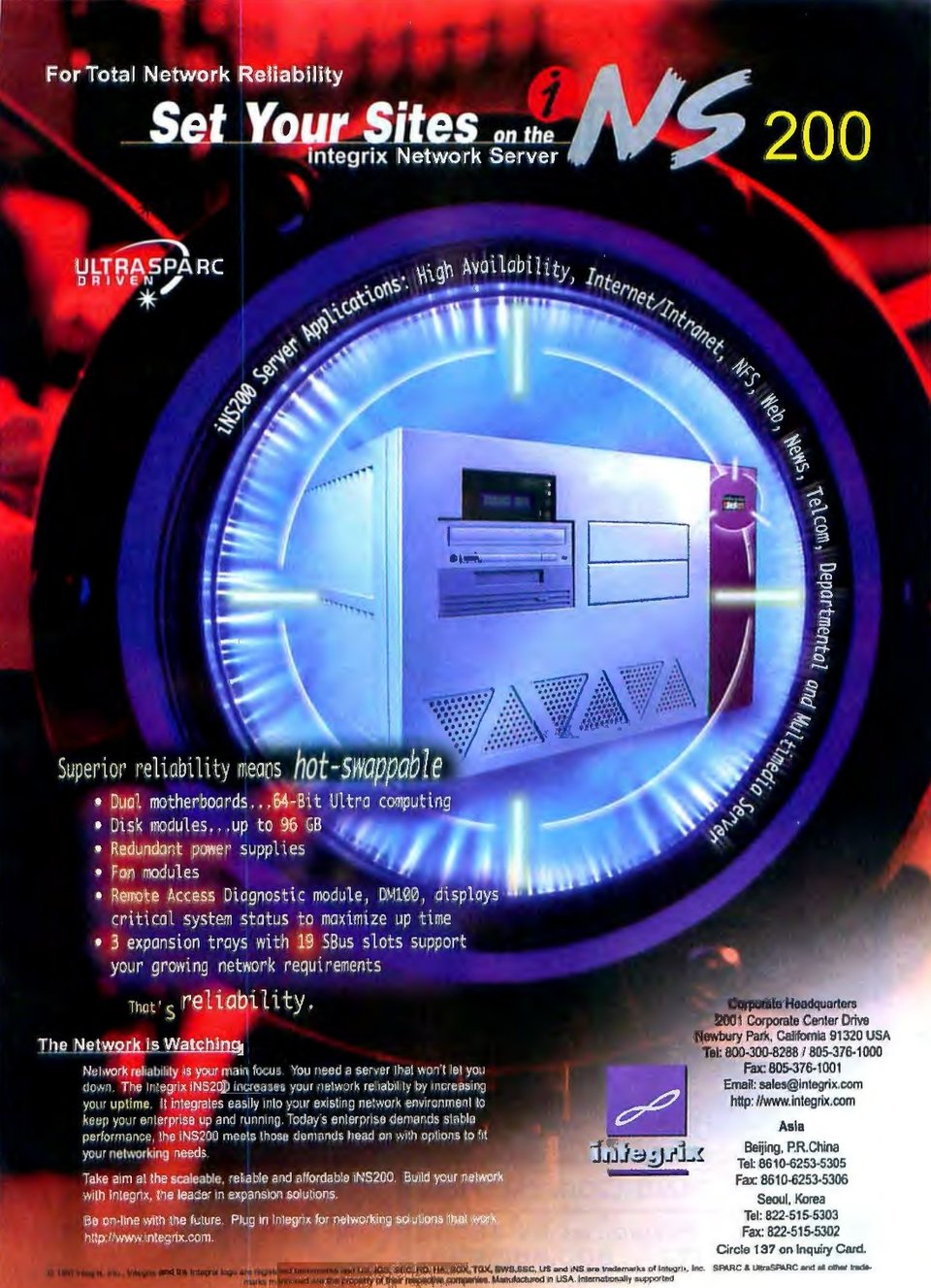 An advertisement from a late 90s computer magazine. It shows a large server, framed by some abstract shapes and a mishmash of transparent layers.
