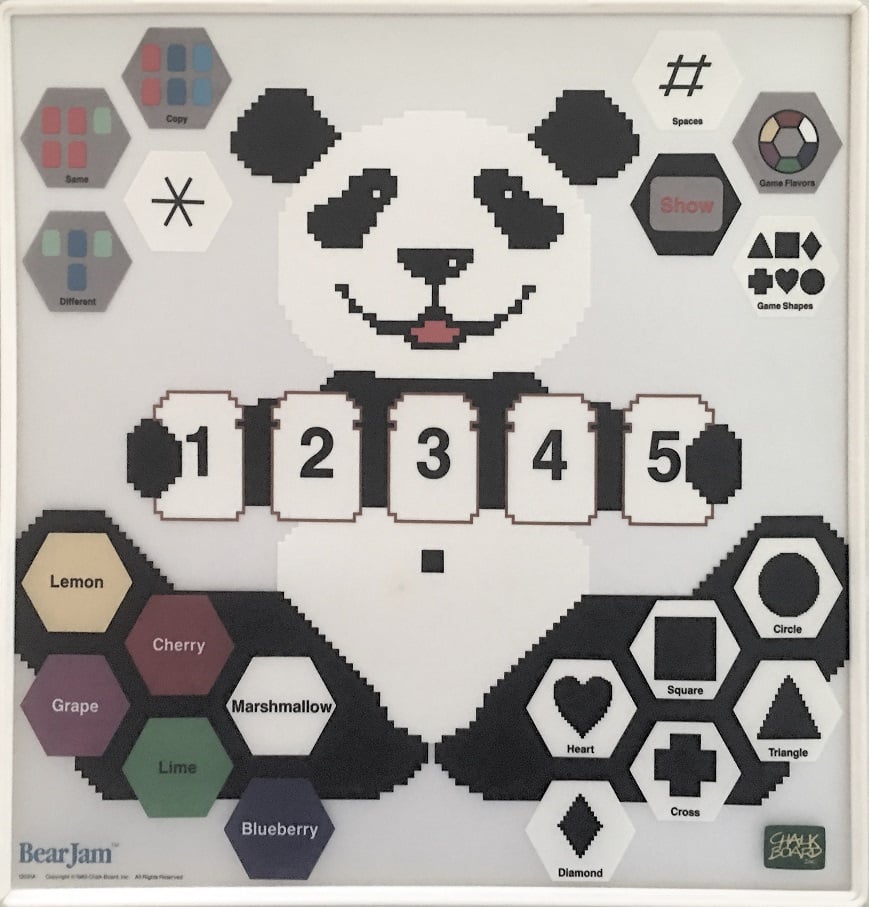 The mylar overlay for Bearjam, which depicts a panda and 25 buttons for children to draw and manipulate images on the PowerPad screen.