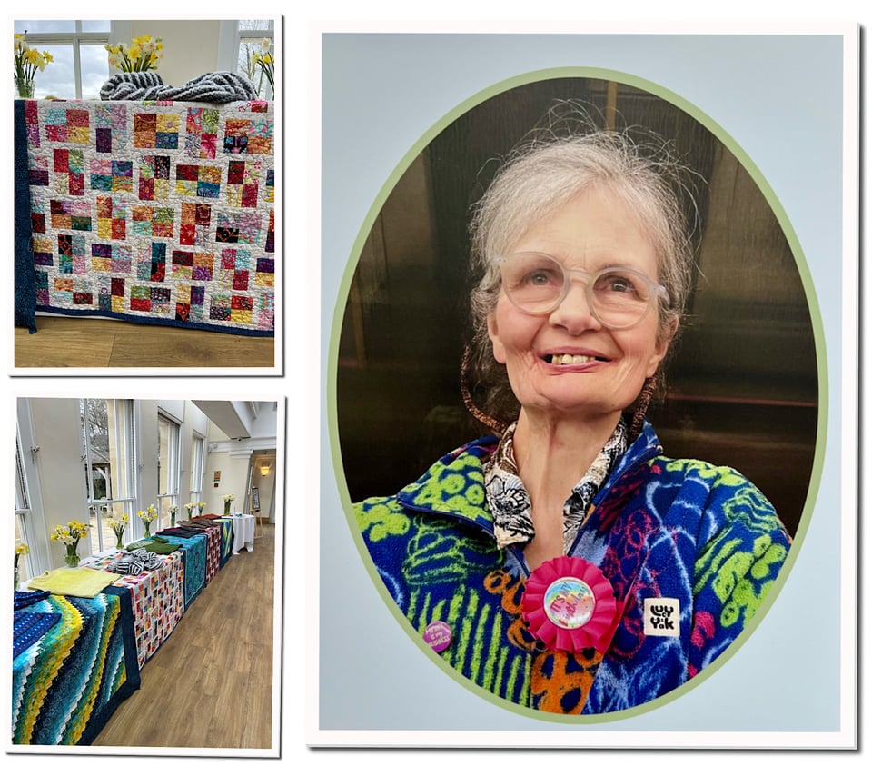 Sample quilts made by Karen, and portrait of her