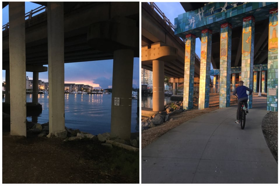 A diptych showing an unpaved area under a bridge by the water on the left and, on the right, the same underpass paved over with a biking path and a graffiti'd entrance.