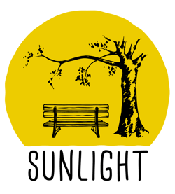 The Sunlight logo, a bench under a tree in stylized black ink, cast against a large yellow sun, with the text Sunlight underneath