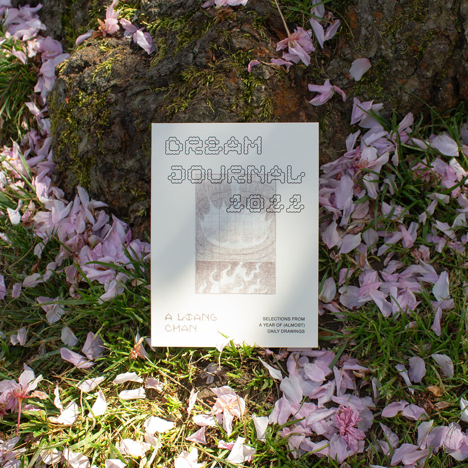 "dream journal 2022" book against tree roots, cherry blossom petals scattered around