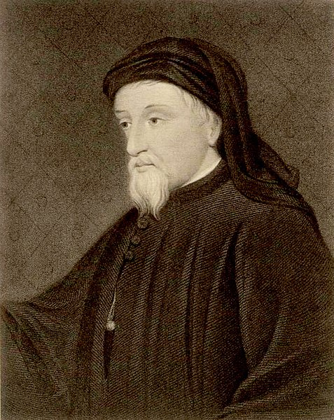 A drawing of Chaucer, who is old with a white beard, looking to our left, in a black robe with a black cap