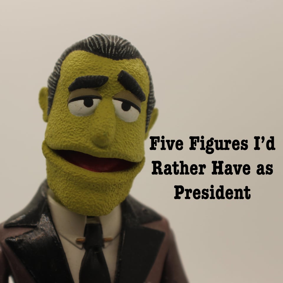 Famous Muppet Johnny Fiama stands next to a title: "Five Figures I'd Rather Have as President"