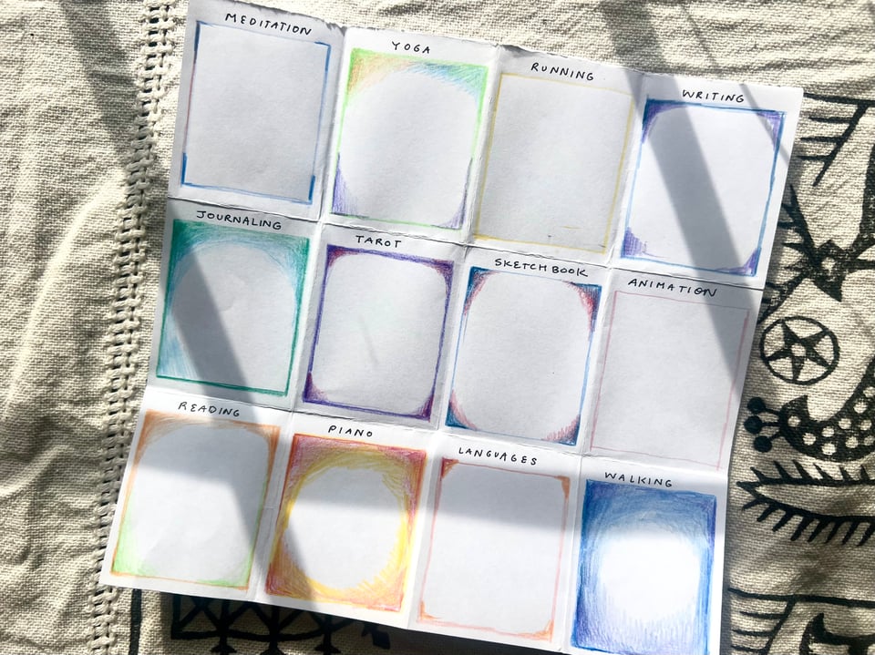 a practice page with colored-in practices inside 12 rectangles