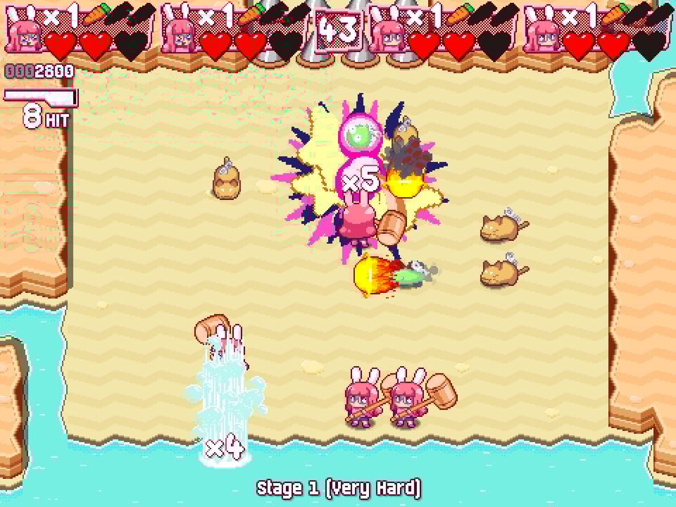 Four identical-looking pink Tesses in co-op multiplayer