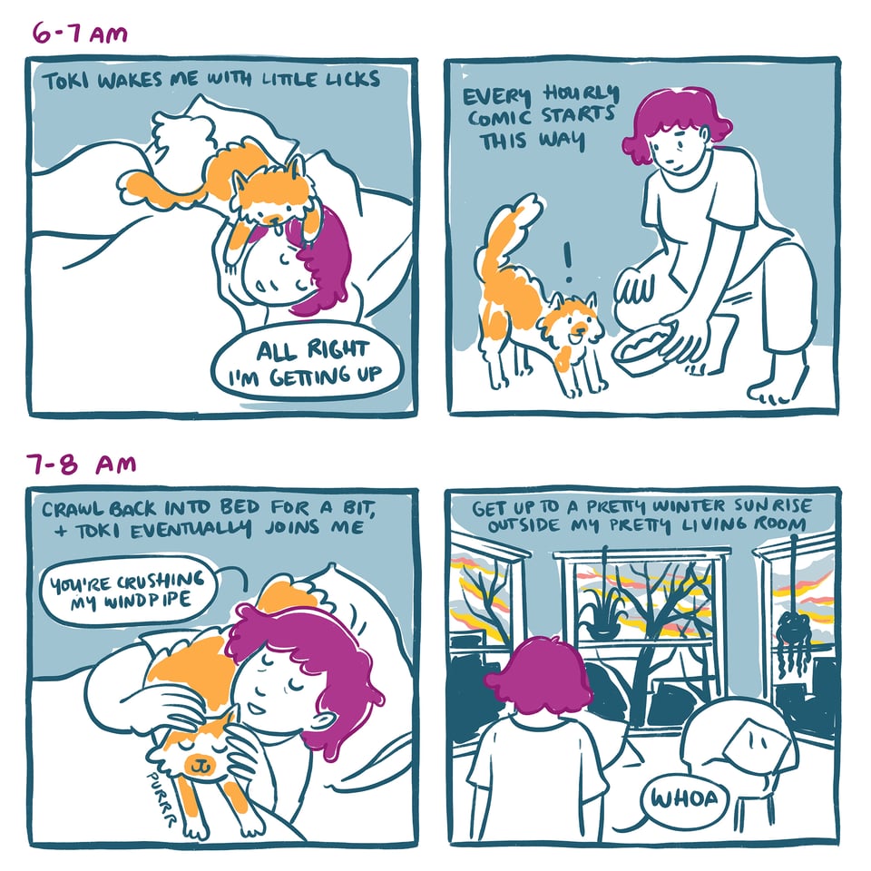 Panel 1: 6-7 AM, Toki wakes me with little licks. A cat sitting on top of the sleeping Sarah's head, Sarah says