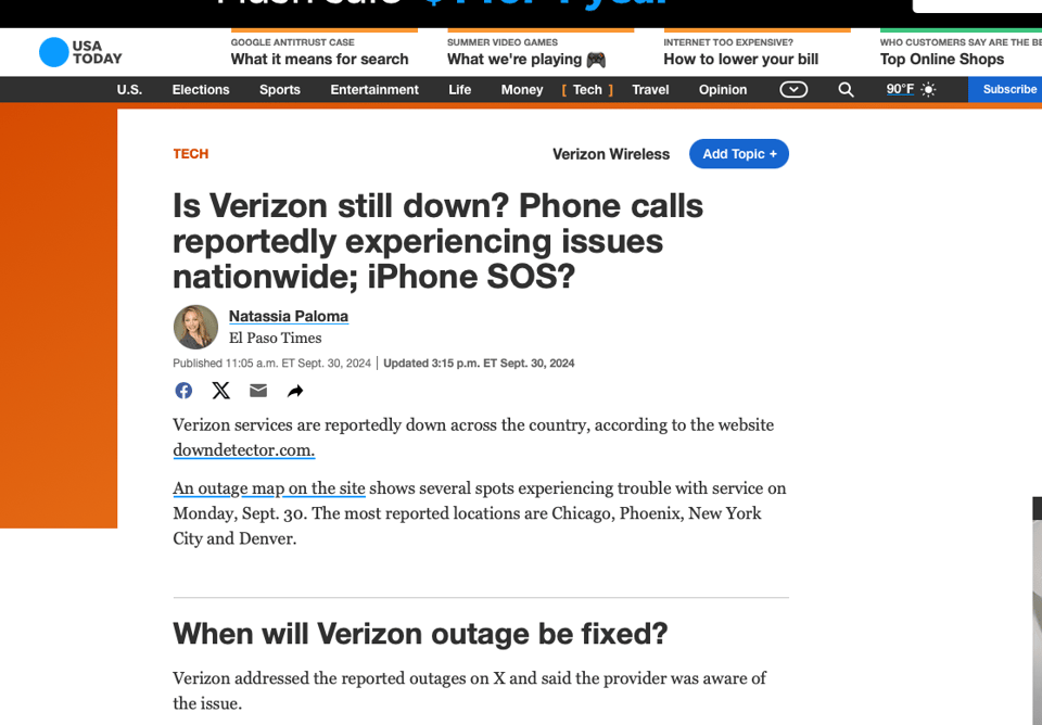 Headline from the screenshot of USA TODAY: (TECH) Is Verizon still down? Phone calls reportedly experiencing issues nationwide; iPhone SOS?"