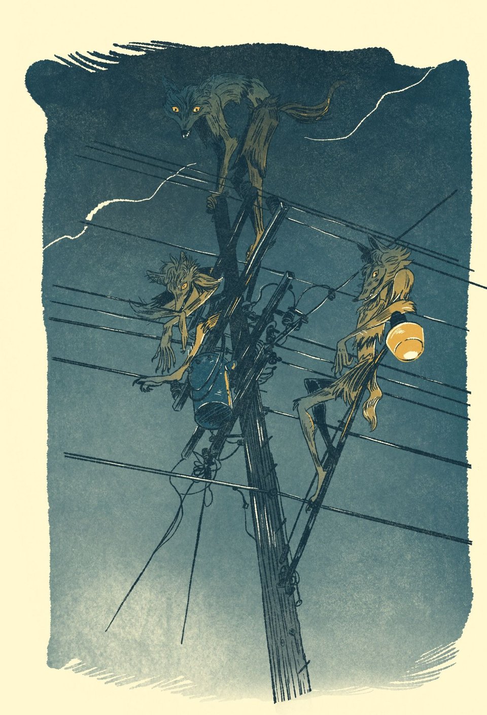 An eerie illustration showing menacing coyote figures on top of power lines.