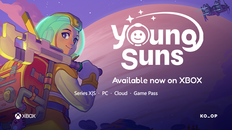 A light-skinned character in a spacesuit is smiling and looking over their shoulder. They're carrying a large wrench on their shoulder. In the background is the sky in pinks and purples with the planet Jupiter taking up most of it. Text superimposed over the top of the image reads: Young Suns Available now on XBOX, Series X|S, PC, Cloud, Game Pass.