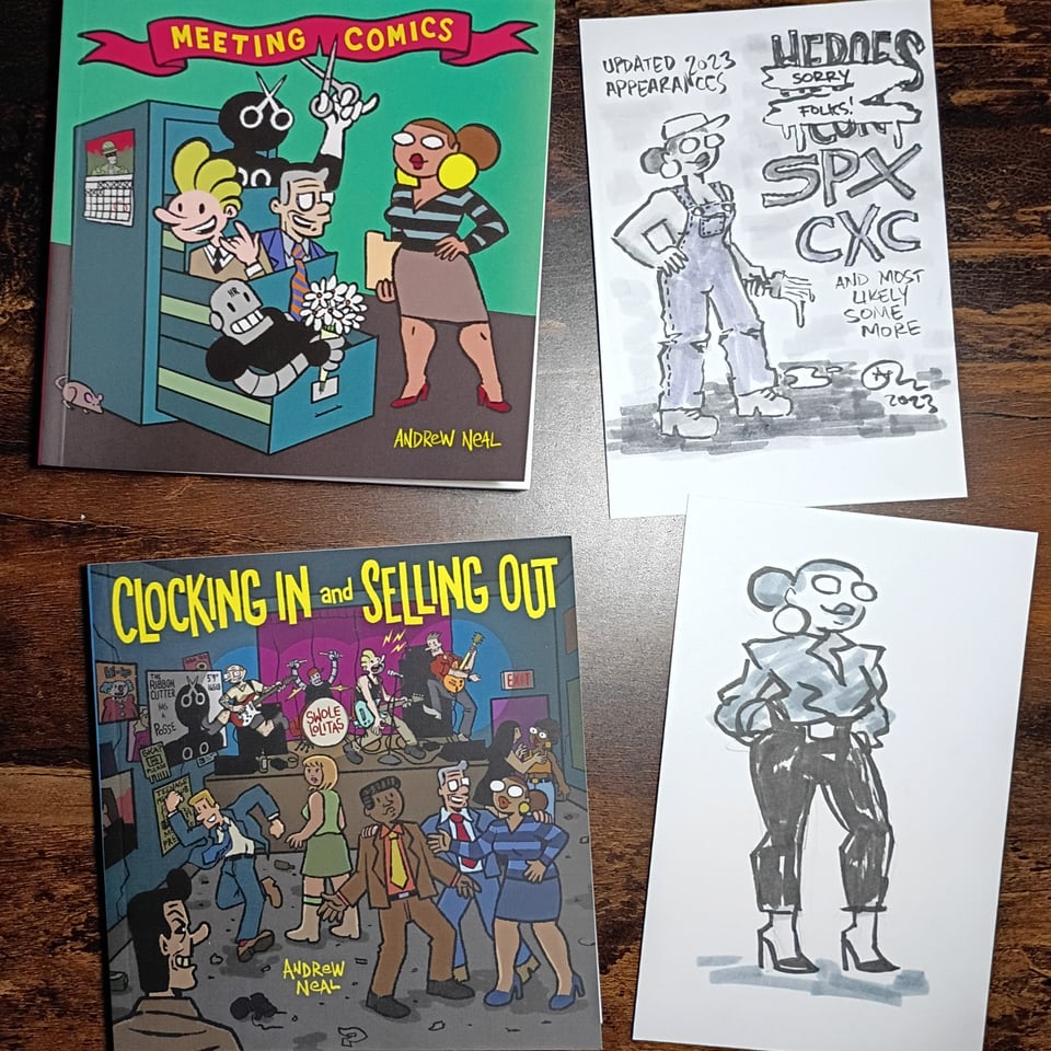 a copy of Meeting Comics, a copy of Clocking In & Selling Out, and two drawings of Val