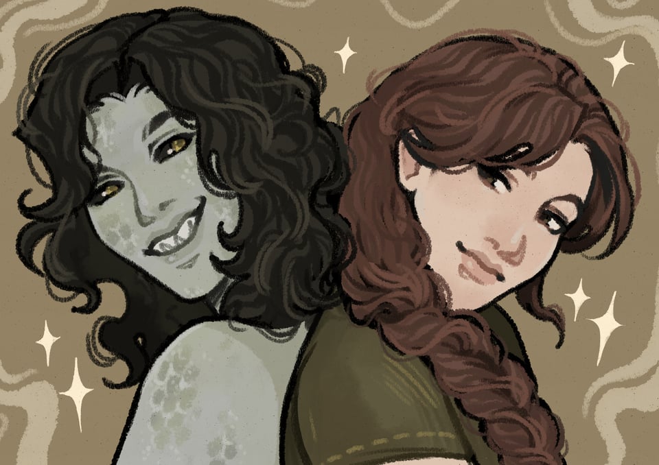 A grey-green siren with dark curly hair and sharp teeth and golden eyes standing back to back with a somber, slightly smiling woman with a brown braid and brown eyes.