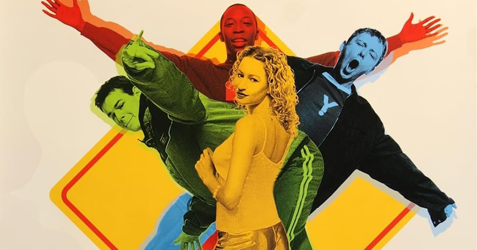 The poster for Human Traffic, picking out each character in a different colour.