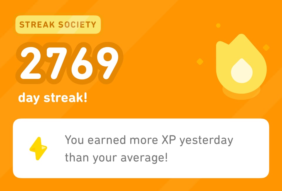 Screenshot showing a Duolingo streak of 2769 days.