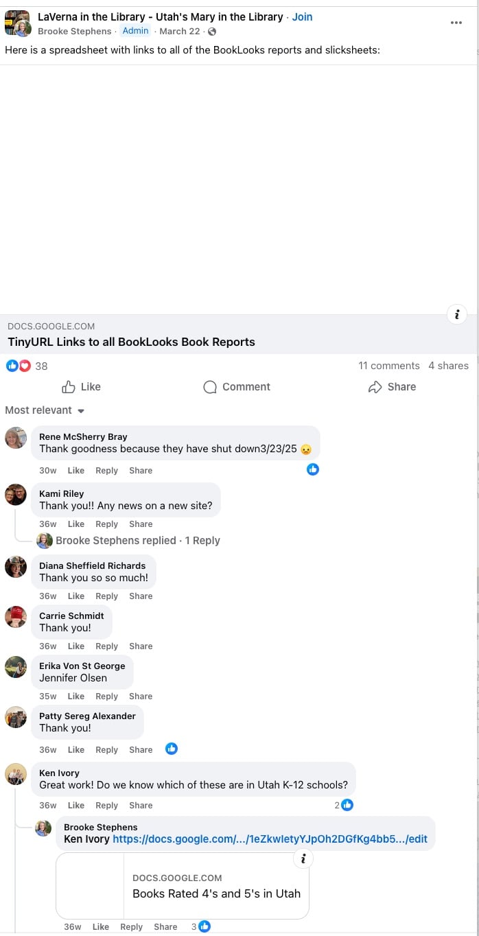 Image of a post from LaVerna in the Library where Ken Ivory compliments RatedBooks for its banned books database and asks specifically for the books rated 4 and 5 in Utah.