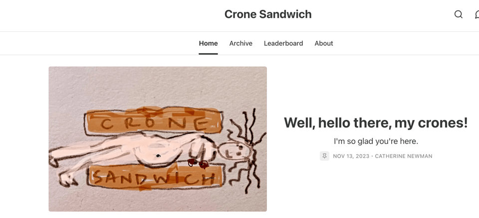 screenshot of the Crone Sandwich newsletter