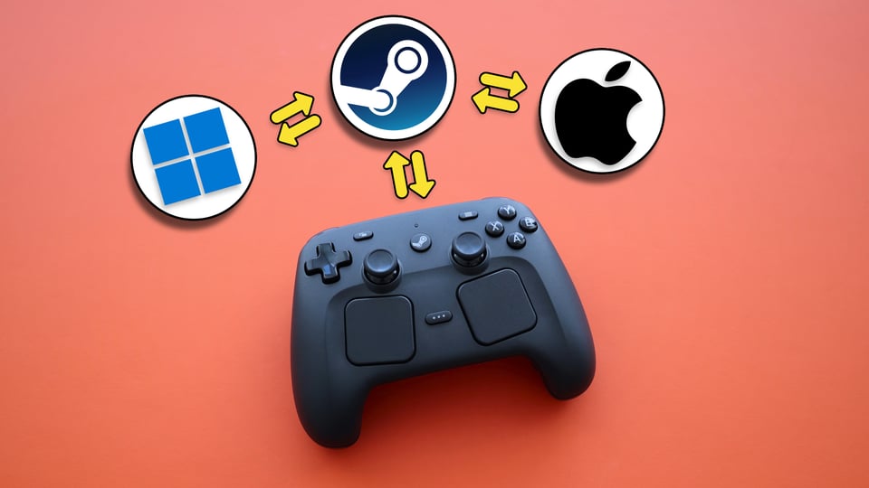 Steam controller with icons for Steam, Windows, and Apple