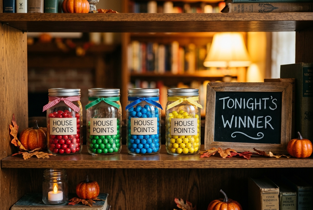 Four mason jars of red, green, blue and yellow candy labeled HOUSE POINTS on a bookshelf next to a chalkboard sign reading TONIGHT'S WINNER