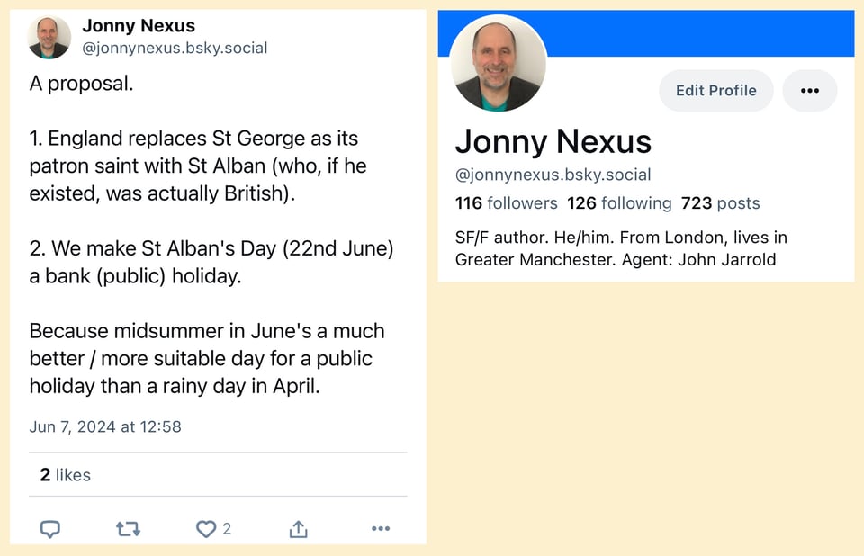 Two screenshots, side by side. The screenshot on the left is of a social media post, proposing to replace St George as England's patron saint as St Alban and make St Alban's Day (22nd June) a public holiday. It has 2 likes, zero comments, and zero reposts. The screenshot on the right is a Bluesky profile for Jonny Nexus. It has 116 followers.