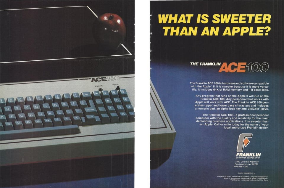 An ACE 100 computer with an apple sitting atop it. The headline reads "What is sweeter than an Apple?"