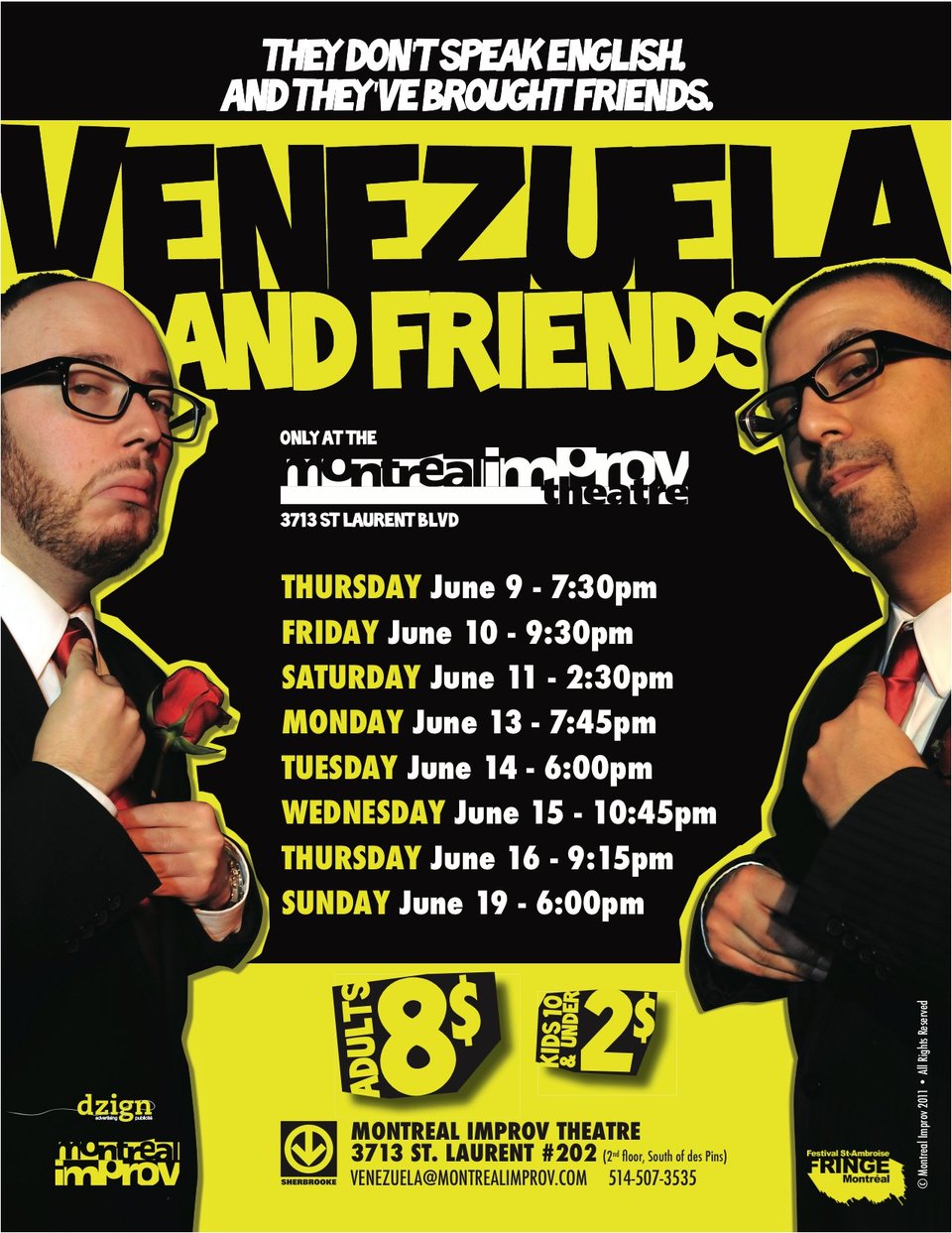 Show poster for "Venezuela and Friends" featuring two men in black suits on either side of the poster adjusting red ties with show details running down the middle