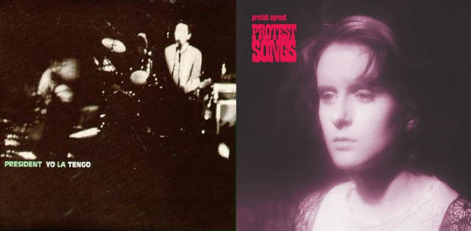 First pic: A black and white still of Yo La Tengo in concert, showing a white guy playing guitar and a woman on drums, but the still is, I think, being warped and burned as if caught in a projector. I think. I could not find a good, large version of this picture, so I'm working from a very small one, and my 53 year old eyes can only do so much. Second pic: A red-tinged monotone photograph of a person that I think is Wendy Smith of Prefab Sprout but not absolutely sure. The photo is from the shoulders up, and she is wearing a lacy, kind of old fashioned dress. She looks off to the left, a bit distant, a bit sad.