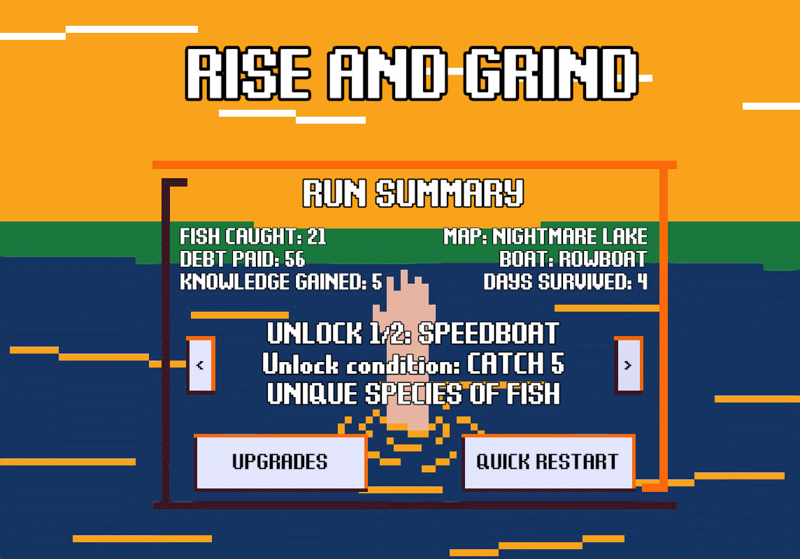 A run summary for FISH FEAR ME. It tracks fish caught, debt paid, knowledge gained, current map, current boat, and days survived. It also tells you what you unlocked during the run.