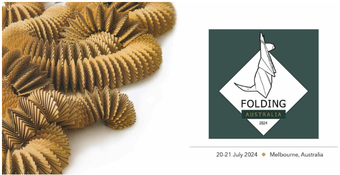A picture of a folded origami paper chain made of brown paper. Includes a logo for Folding Australia 2024 which is an plain white origami kangaroo.