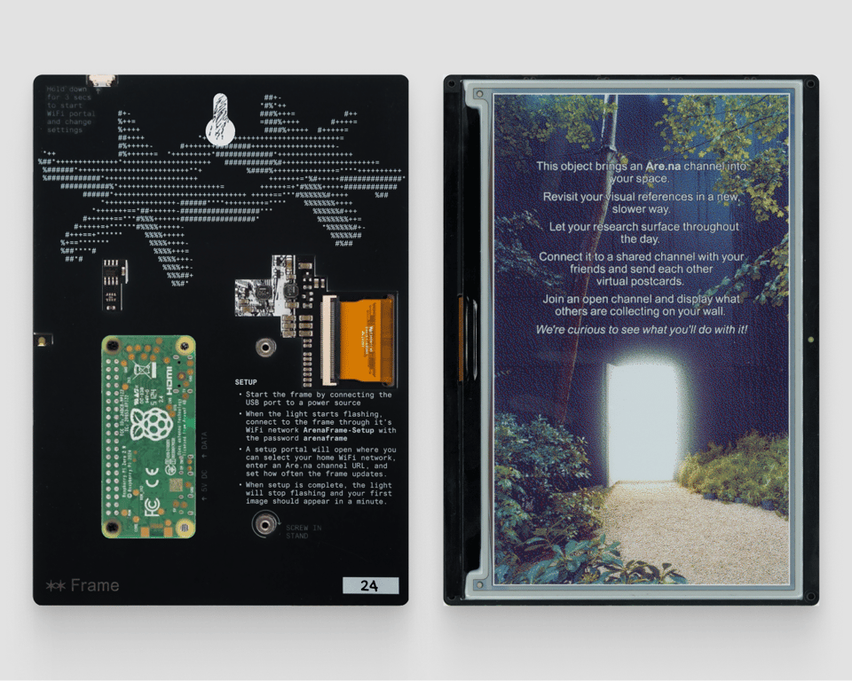 A diptych of the e-ink display with the backside (instructions, circuit board, ASCII art of the Are.na logo) on the left, and the display-side (displaying a welcome screen) on the right.