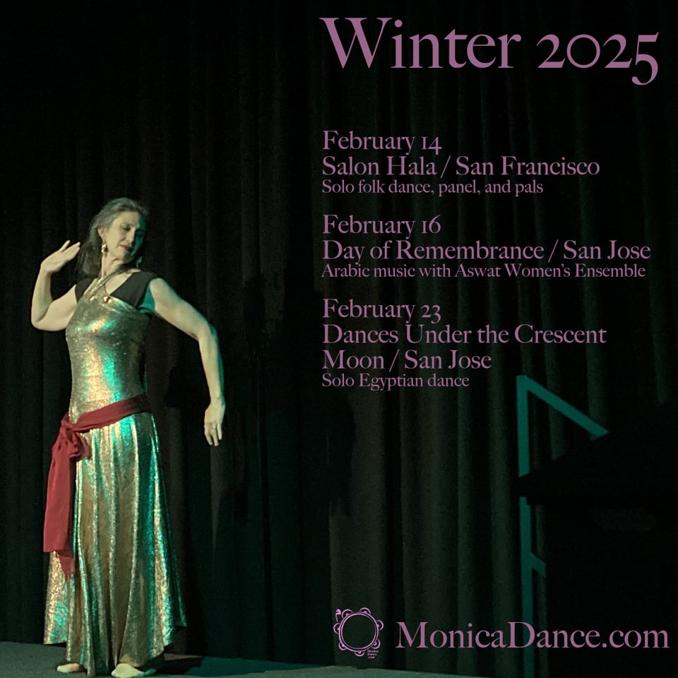 A femme in a old dress looks off to the side in a pose while dancing. Pink text advertises performances.
