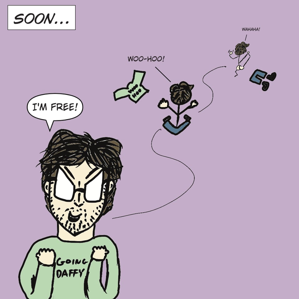 In the top left is a caption reading "Soon..." In the bottom left foreground, David is pumping his fists in victory and saying "I'm free!" In the midground, he's removed his shirt, throwing it to the air, going "woo-hoo!", and in the background, a small nude version is laughing "wahaha!" having left Twitter for good.