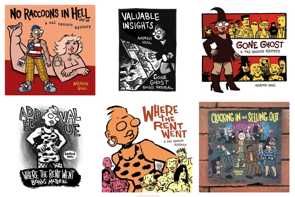 A screencap of my webstore showing the covers of three comics, two zines, and a book.