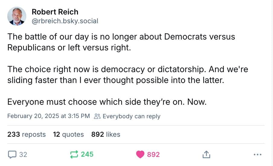 Screenshot of the linked Robert Reich skeet on Bluesky