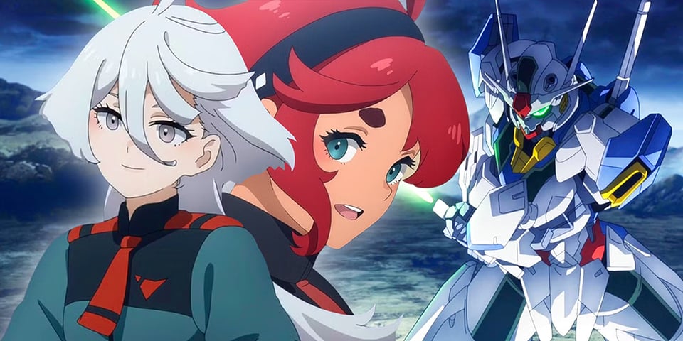 Two anime girls, one with white hair and one with bright red hair. They are my friends, and their names are Miss Miorine Rembran and Suletta Mercury. There's also a big white, blue, and red robot in the background--this is the Gundam Ariel.