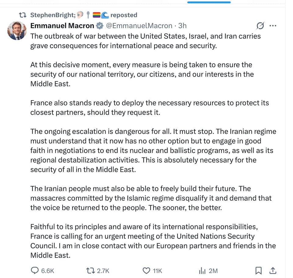 Macron on Trump’s illegal attack on Iran