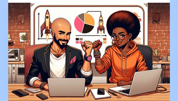 Two founders fist-bumping in a garage with a 50/50 pie chart on the whiteboard