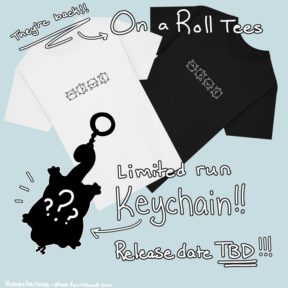 Two shirts in black and white with a circular possum rolling across the front. A silhouette of a keychain with question marks on it. Limited run, release date tbd.